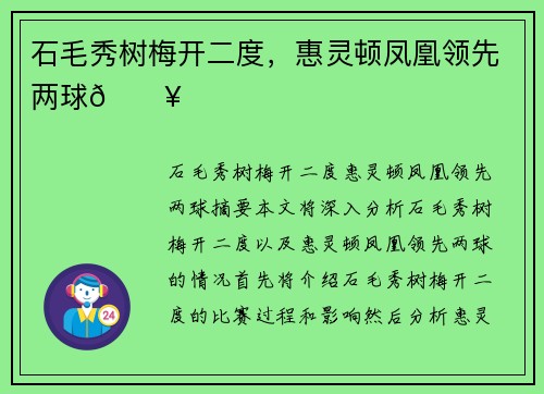 石毛秀树梅开二度，惠灵顿凤凰领先两球💥